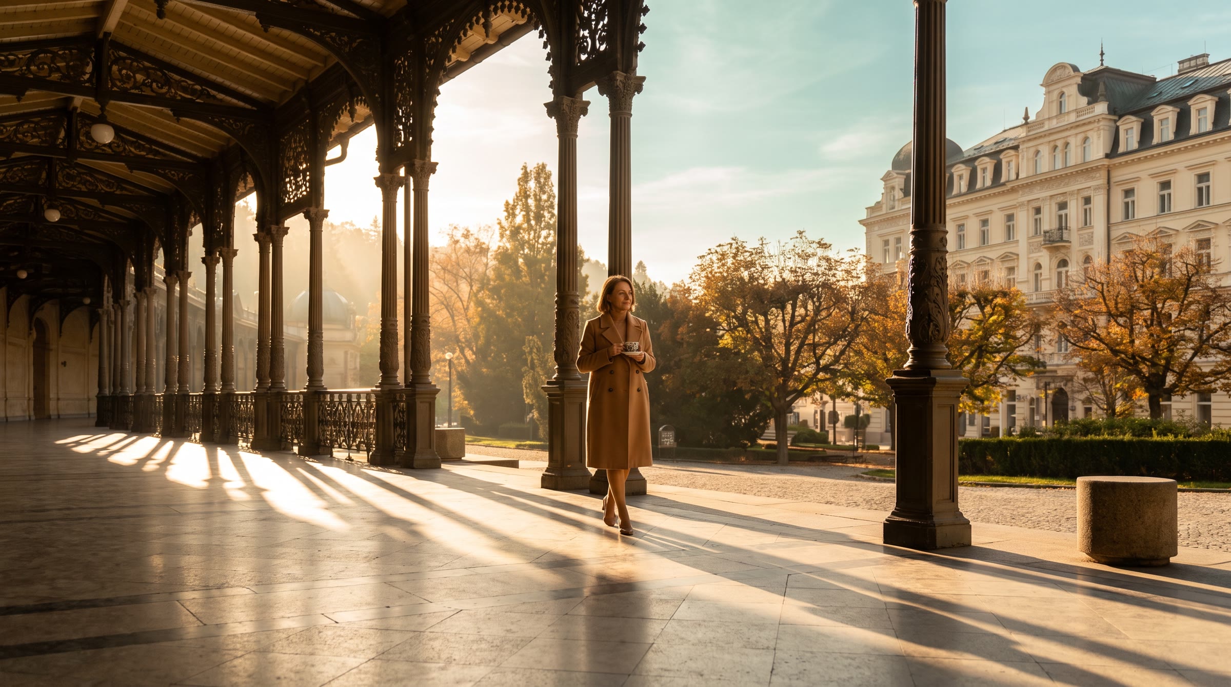 Spa guest with a drinking cup on the colonnade in morning light