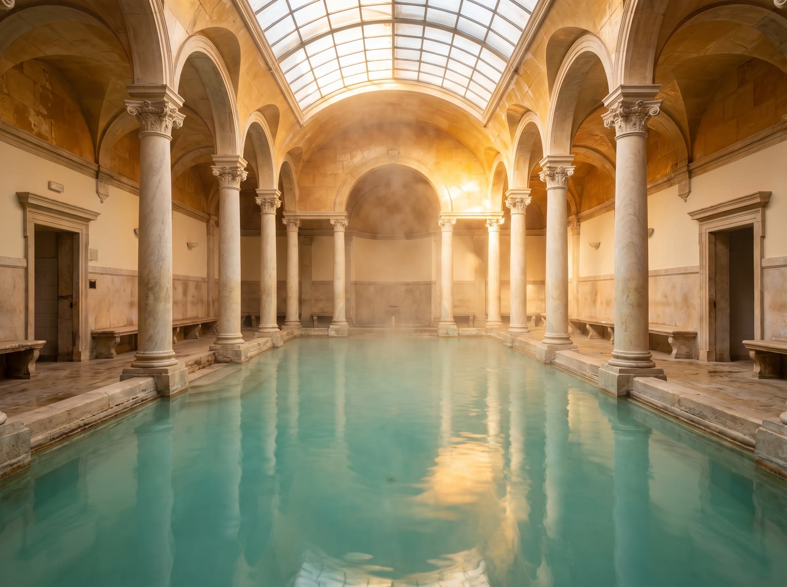 Historic bath hall with turquoise mineral water and marble columns